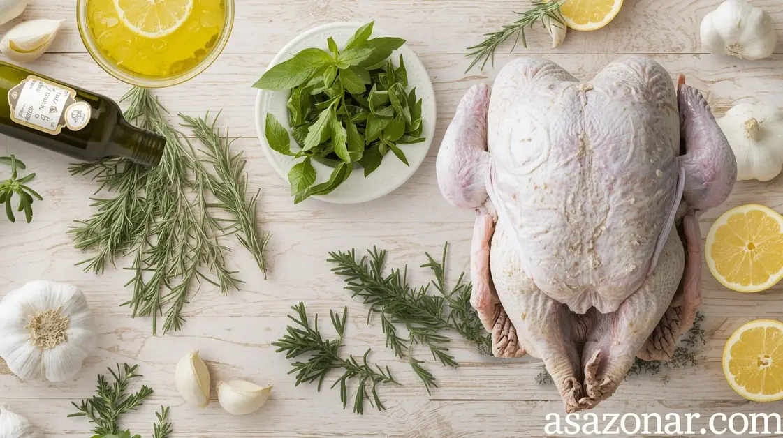 Collage de ingredientes para pavo mediterráneo bajo en sodio, enumerados y listos para identificar.