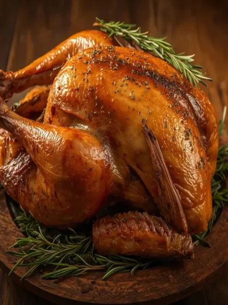 Pavo a la mediterránea bajo en sodio, asado y decorado con hierbas frescas.