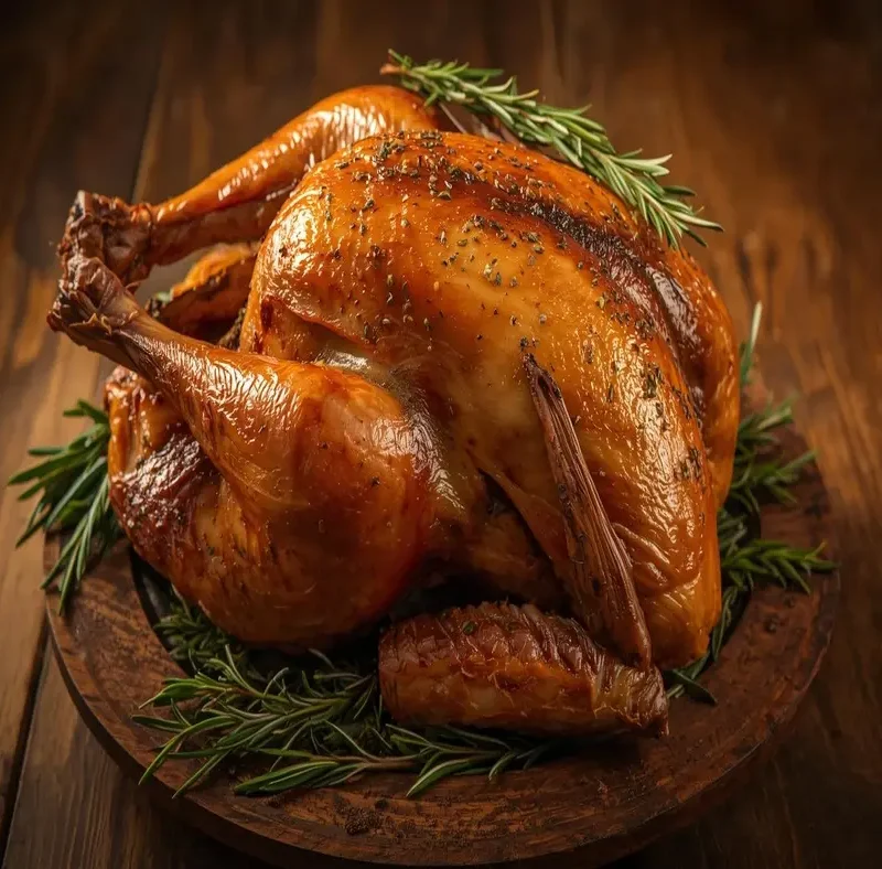 Pavo a la mediterránea bajo en sodio, asado y decorado con hierbas frescas.