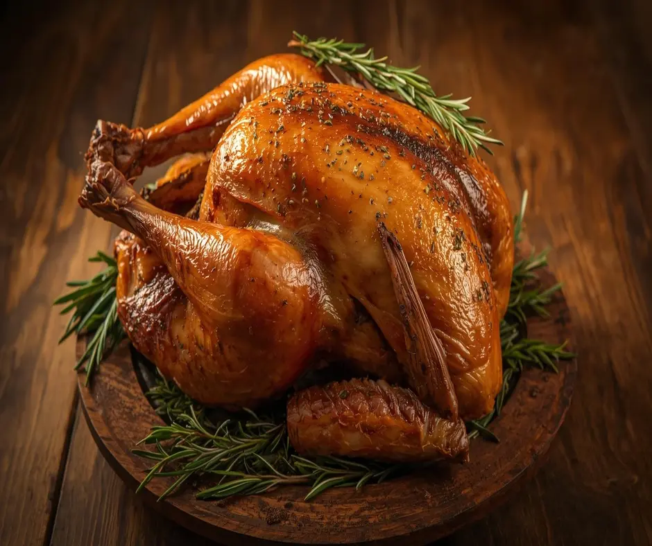 Pavo a la mediterránea bajo en sodio, asado y decorado con hierbas frescas.