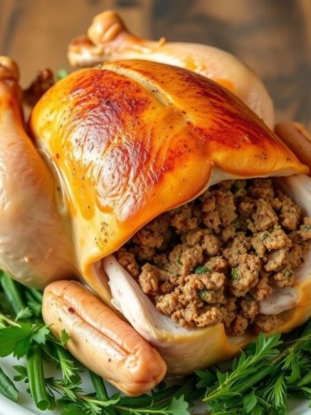 Relleno para pavo bajo en sodio recién horneado, servido en un plato rústico.