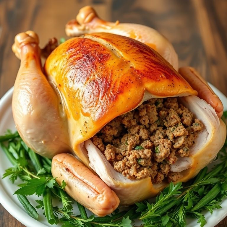 Relleno para pavo bajo en sodio recién horneado, servido en un plato rústico.